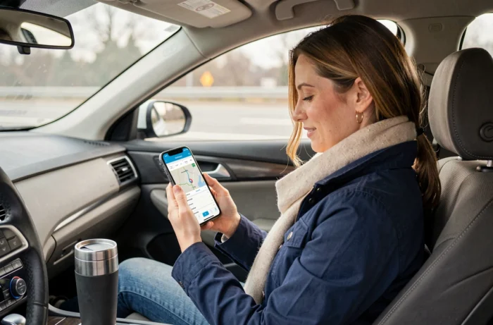 Femme en covoiturage consultant une application de calcul de coût de trajet sur son smartphone dans une voiture
