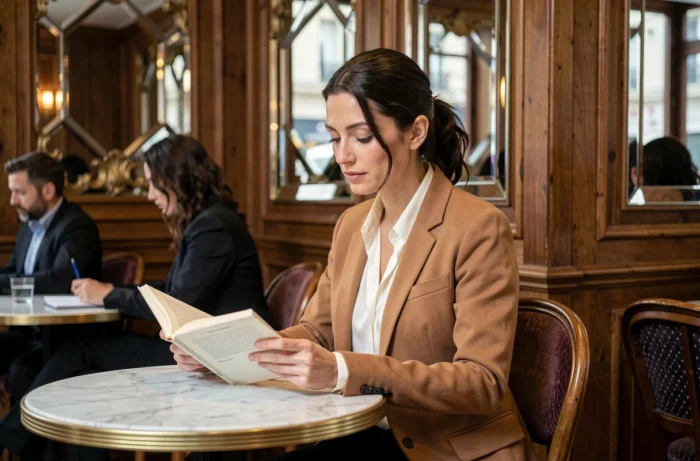 Femme élégante dans un café parisien raffiné, portrait éditorial évoquant une personnalité médiatique cultivée