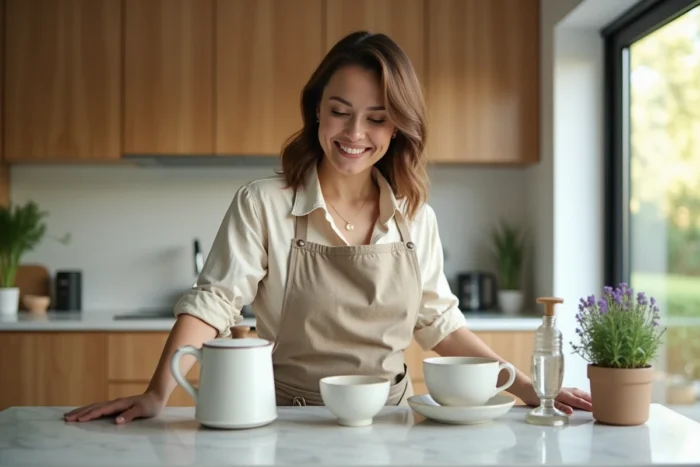 Femme arrangeant des appareils électroménagers modernes sur un plan de travail en marbre blanc dans une cuisine contemporaine