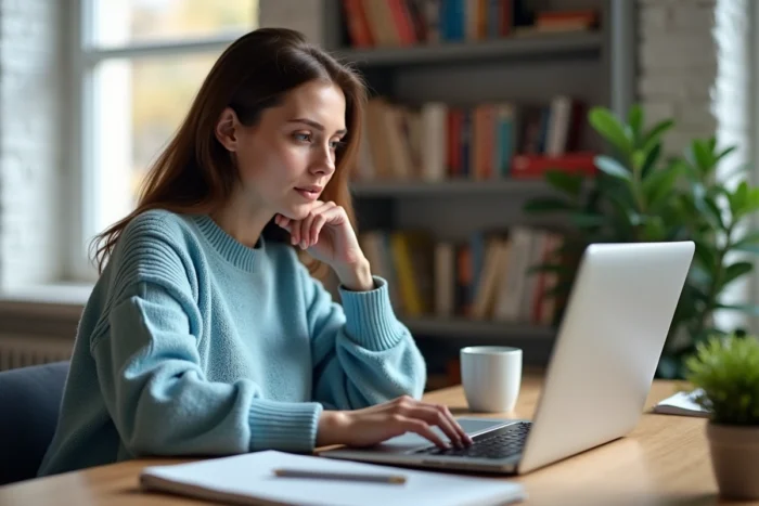Femme explorant les rubriques d'un site web numérique sur son ordinateur portable dans un bureau à domicile cosy