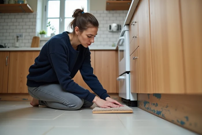 Femme inspectant un sol de cuisine affaissé et bombé dans une maison moderne