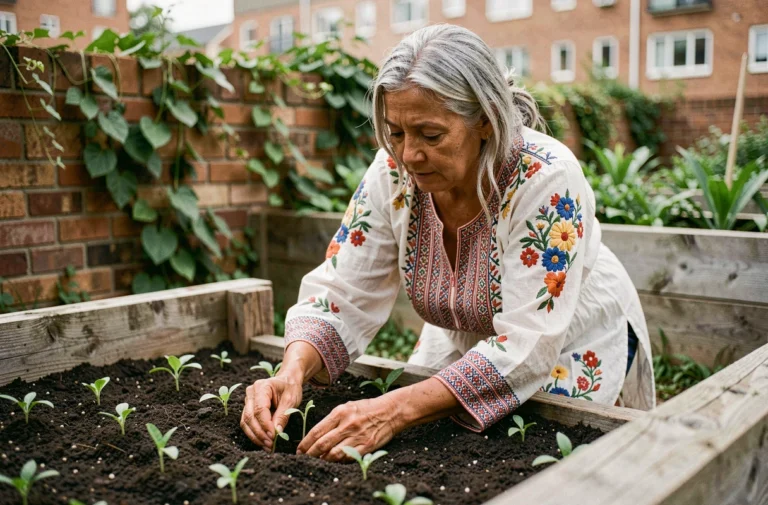 Une femme âgée aux racines culturelles affirmées entretient un jardin communautaire urbain, cultivant des plantes héritières comme geste de transmission identitaire