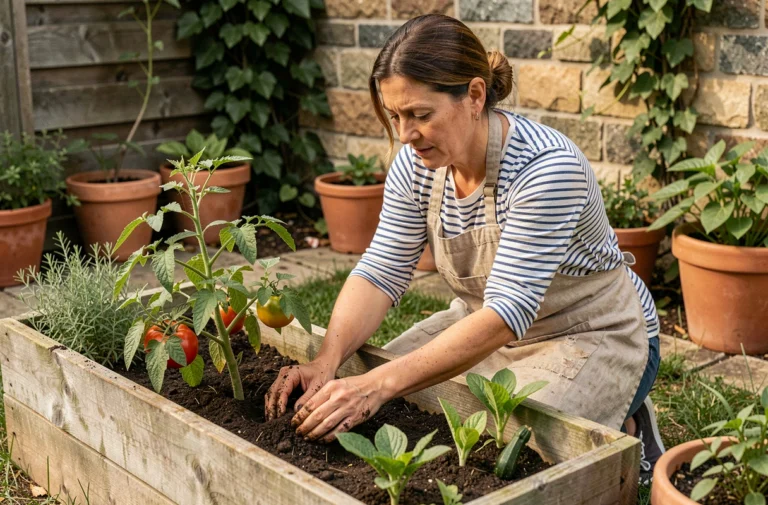 Femme jardinant dans un potager surélevé en bois, plantant des semis de légumes avec soin au printemps