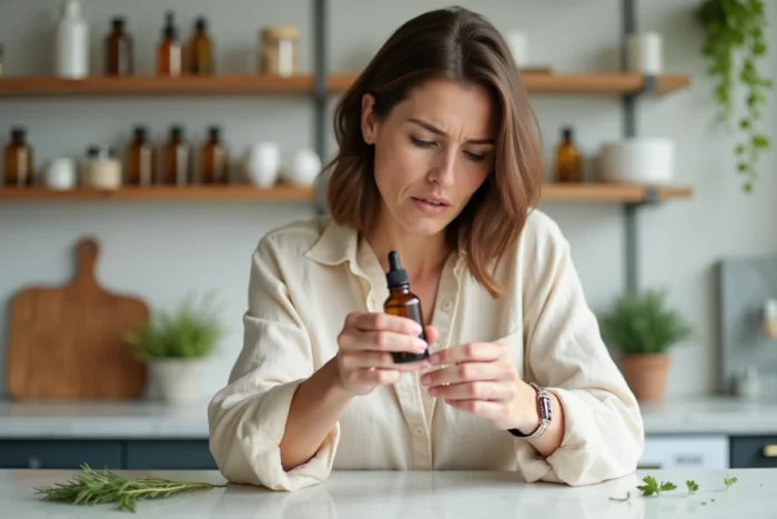 Femme lisant attentivement l'étiquette d'un flacon d'huile essentielle dans une cuisine, illustrant la vigilance face aux risques pour la santé