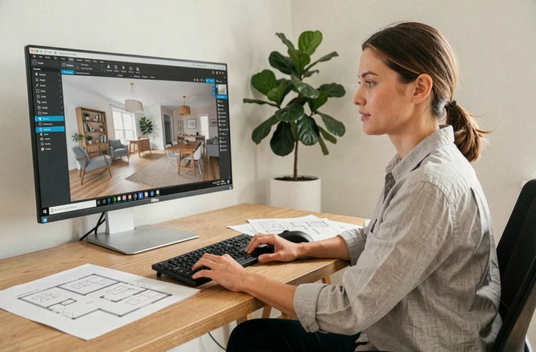 Femme utilisant un logiciel de design d'intérieur 3D pour importer des meubles personnalisés dans HomeByMe sur un bureau moderne