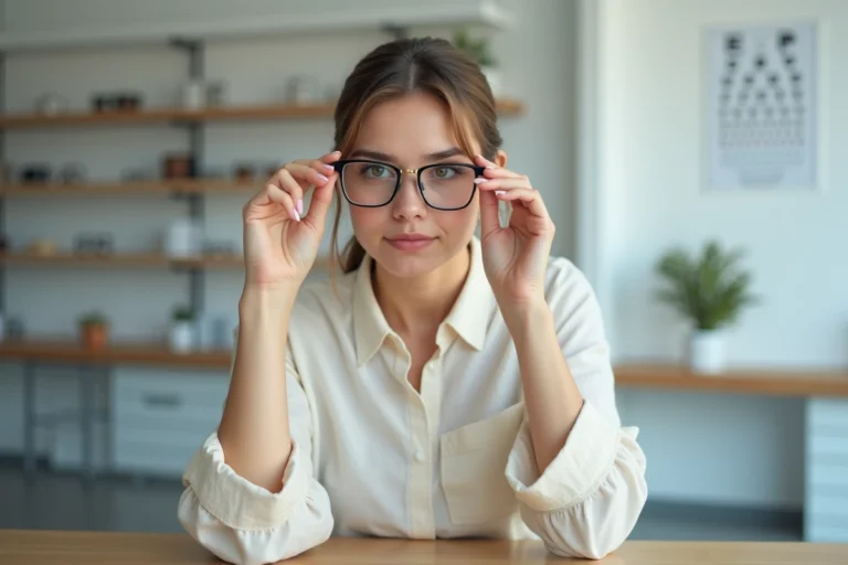 Femme examinant des lunettes de vue dans un cabinet d'optométrie pour une correction de 0,75 dioptrie