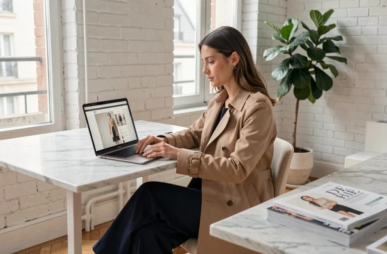 Femme élégante parcourant un plan de site mode sur laptop dans un appartement parisien minimaliste