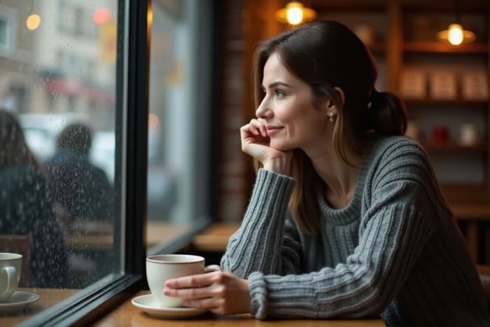 Femme songeuse dans un café pensant à quelqu'un en regardant par la fenêtre sous la pluie