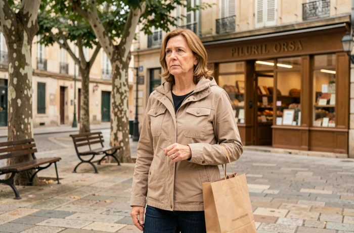 Femme d'âge moyen observant son environnement sur une place publique d'Alès, portrait documentaire urbain