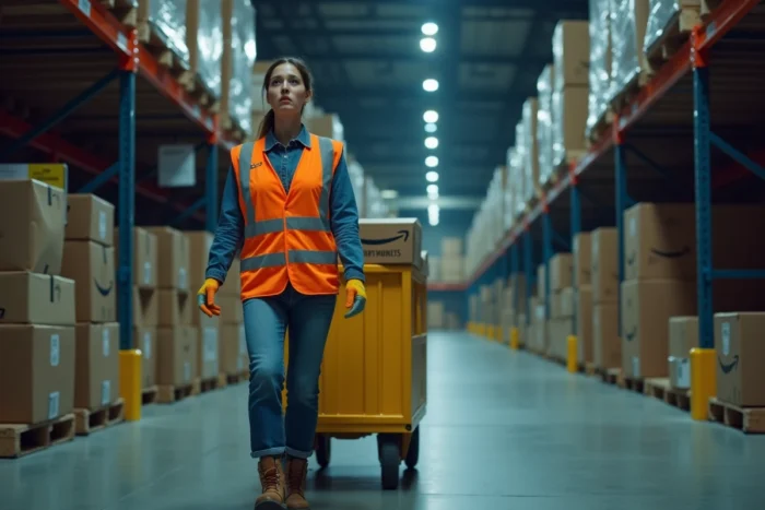 Femme préparatrice de commandes Amazon poussant un chariot dans un entrepôt la nuit