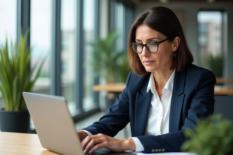 Femme professionnelle consultant des annonces en ligne sur son ordinateur portable dans un bureau moderne
