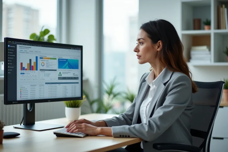 Femme professionnelle consultant des outils numériques sur un grand écran dans un bureau moderne et minimaliste