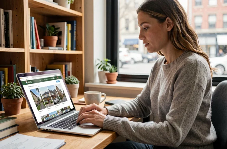 Femme utilisant un moteur de recherche immobilier sur son ordinateur portable dans un bureau à domicile chaleureux
