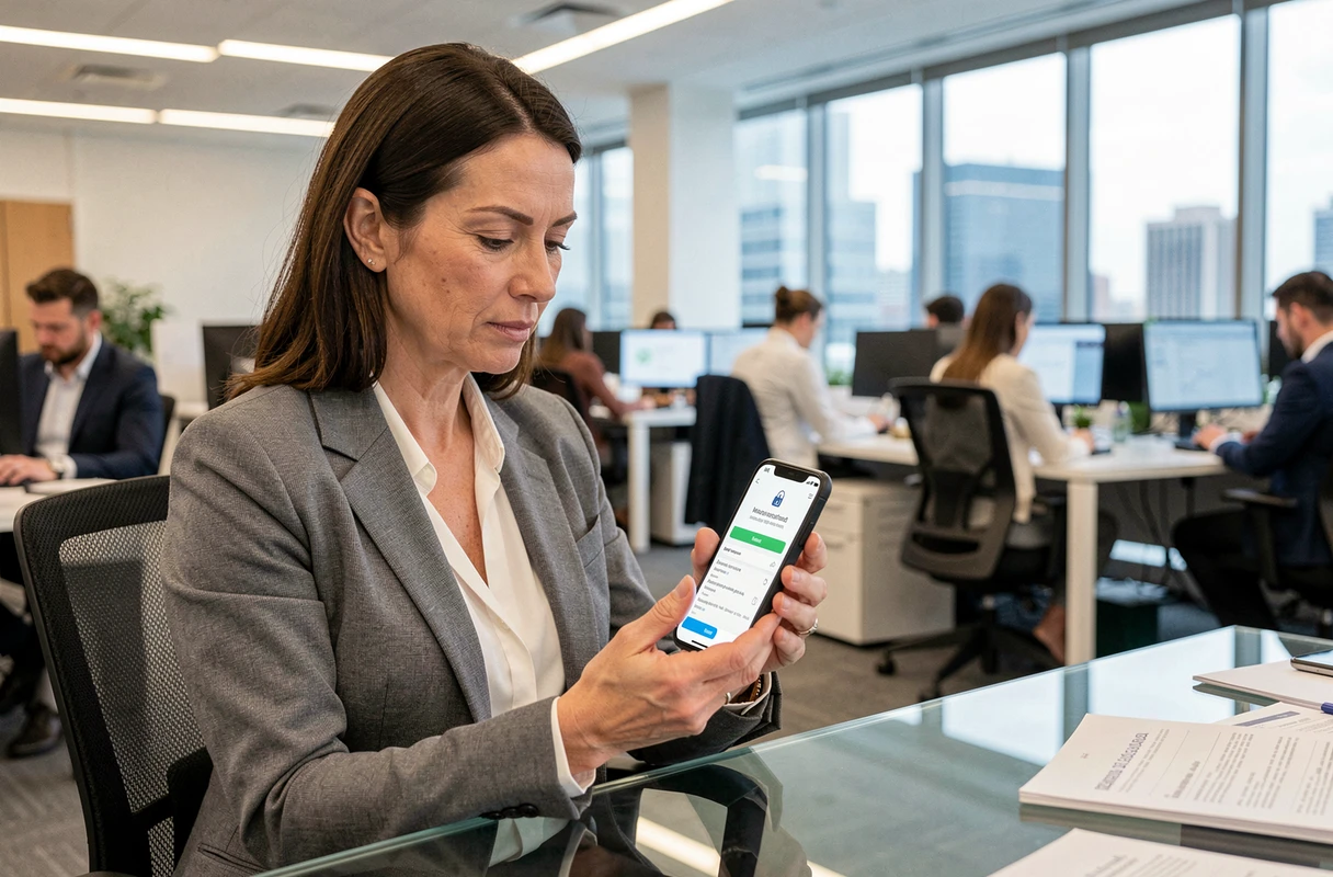 Femme professionnelle consultant l'application Binance sur son smartphone avec un message de retrait bloqué dans un bureau moderne