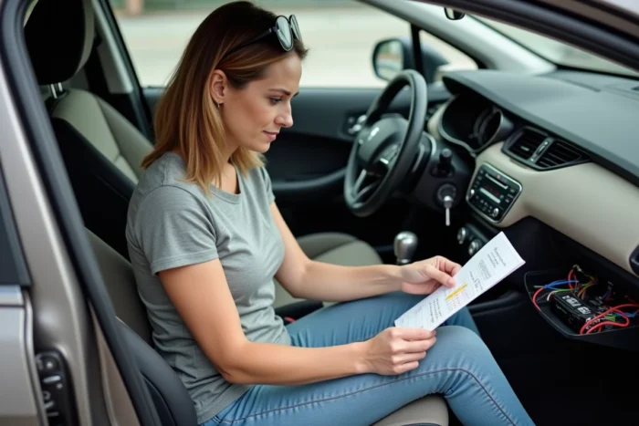Femme consultant un schéma de câblage pour installer un autoradio Android dans une Peugeot