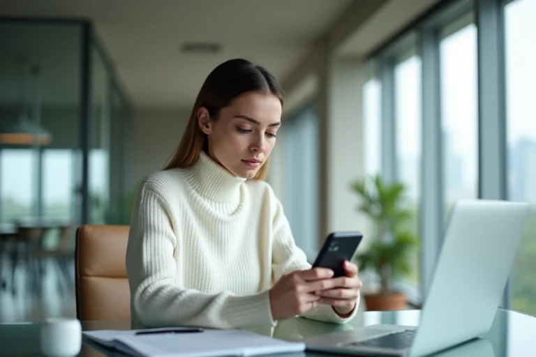 Femme en bureau moderne explorant un smartphone pliable, tendances high-tech 2024