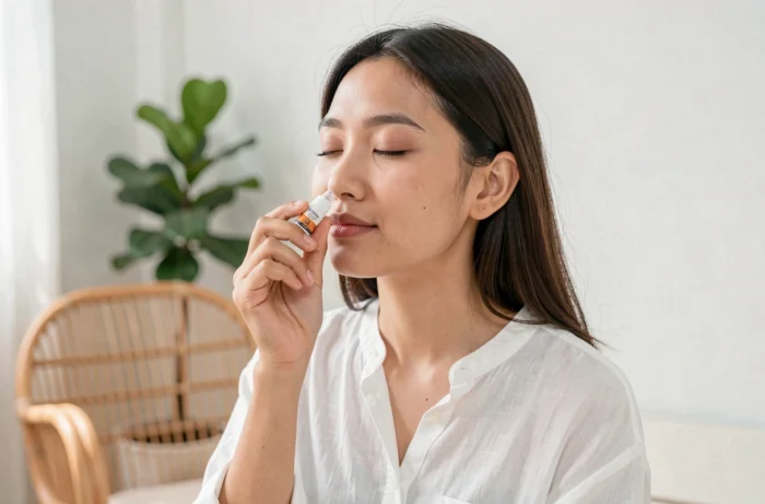 Jeune femme thaïlandaise utilisant un inhalateur traditionnel thaïlandais dans un appartement moderne et lumineux