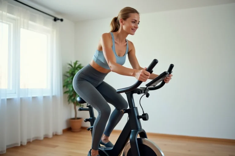 Femme faisant du vélo d'appartement dans son salon, idéal pour s'entraîner à la maison