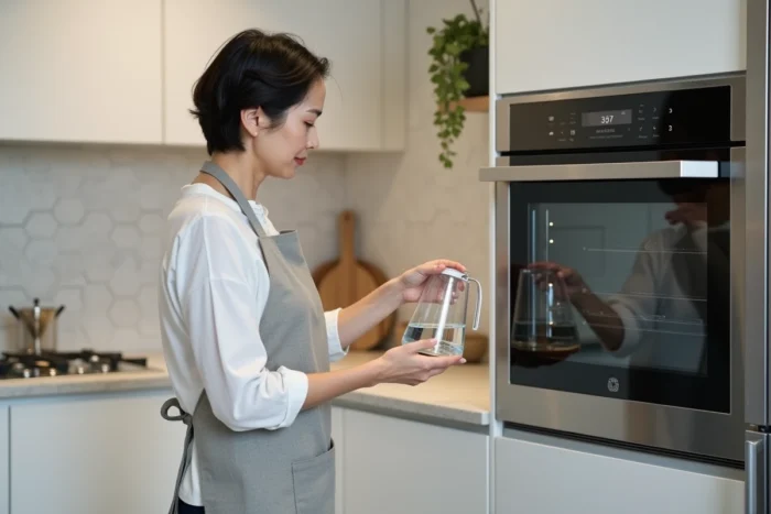 Femme versant de l'eau dans le réservoir d'un four à vapeur encastré dans une cuisine moderne