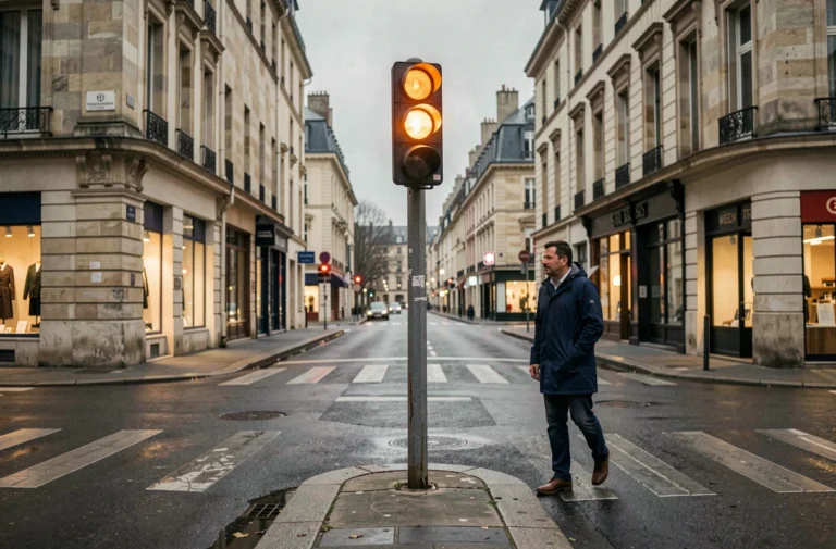 Feu orange clignotant à une intersection urbaine en France avec un piéton observant le signal