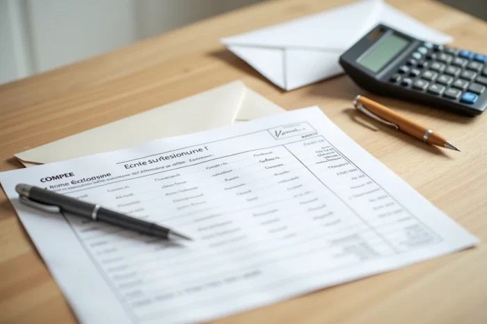 Gros plan d'une quittance de loyer avec solde antérieur posée sur un bureau avec stylo et calculatrice