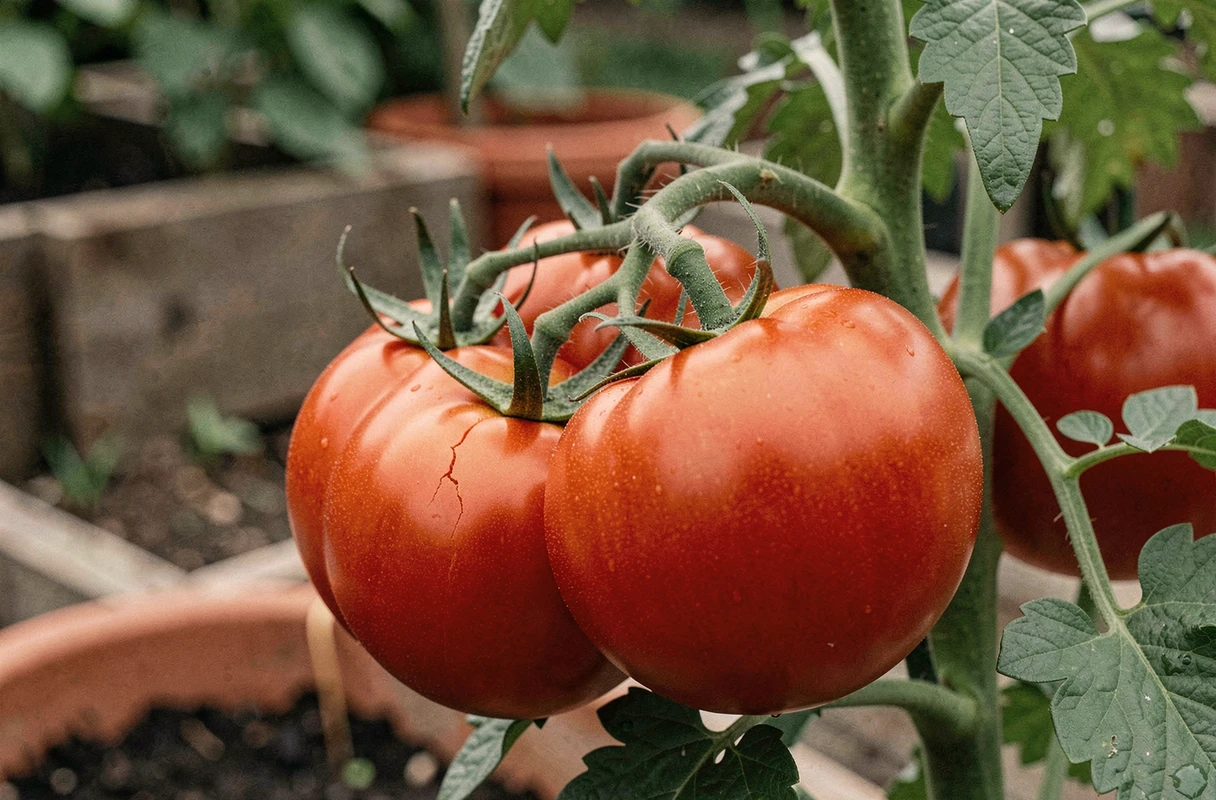 Gros plan de tomates à peau fine sur la vigne avec microfissures visibles près du pédoncule