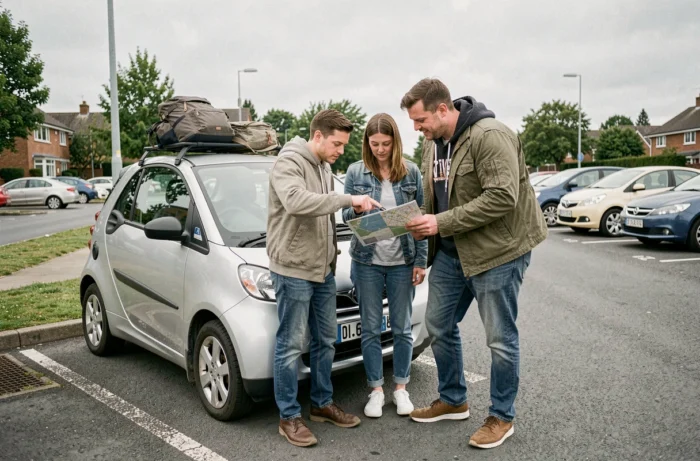 Groep carpoolers die praten over het delen van de ritkosten voor een auto op een parkeerplaats