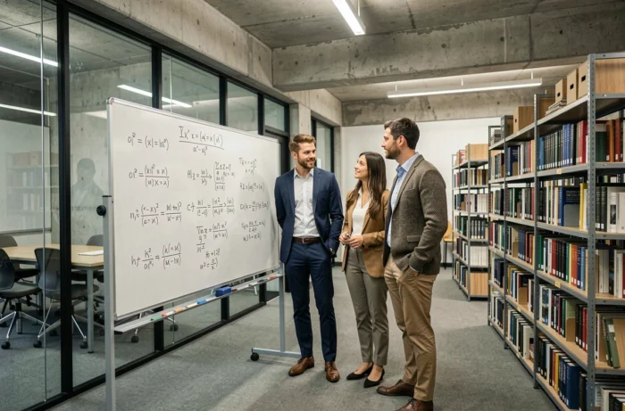 Groupe d'étudiants en finance quantitative travaillant ensemble sur des équations au tableau blanc dans un espace universitaire moderne