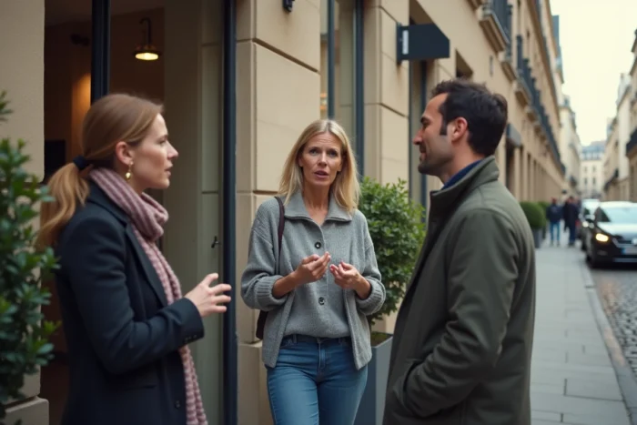 Groupe de proches discutant devant un immeuble parisien, représentant les opinions de l'entourage sur le couple de Jenifer et Ambroise