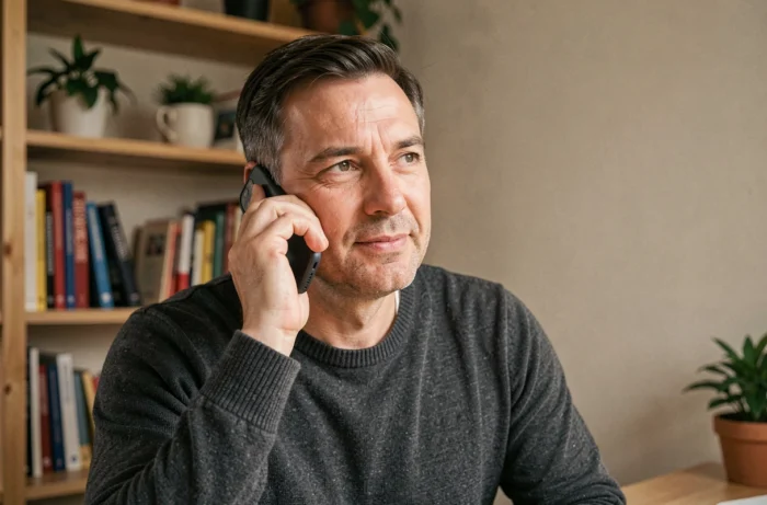 Homme passant un appel téléphonique depuis son bureau à domicile pour contacter rapidement l'équipe de La Fantaisie