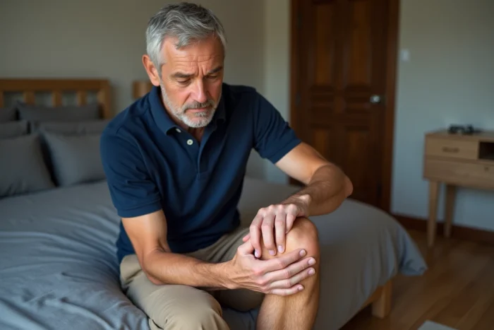Homme appliquant une crème antidouleur sur son genou dans une chambre