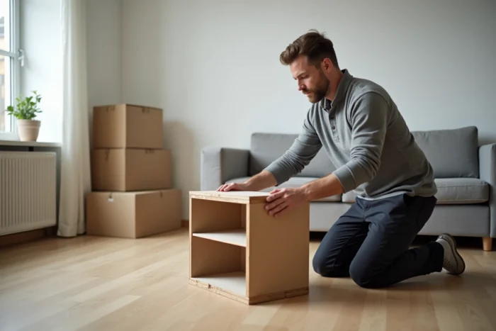 Homme assemblant une étagère minimaliste dans un salon décoré en style scandinave avec des boîtes de rangement