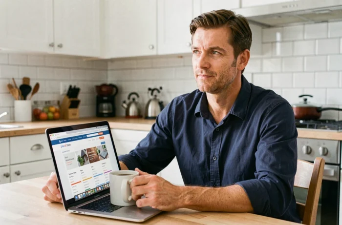 Homme comparant des offres de crédit en ligne depuis son domicile