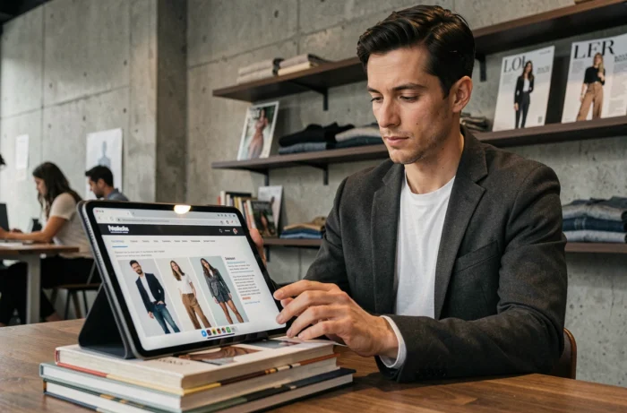 Homme créatif consultant un site tendances mode sur tablette dans un espace de travail contemporain