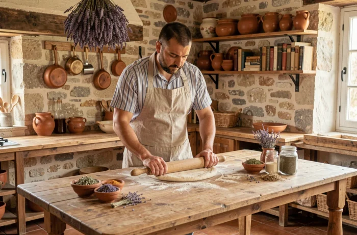 Un homme prépare une recette traditionnelle transmise de génération en génération dans une cuisine familiale authentique, symbole de préservation des racines culinaires