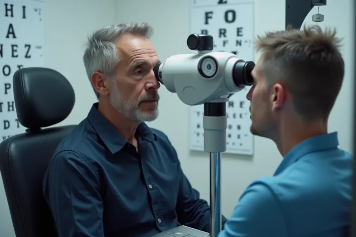 Homme passant un examen de vue avec un phoroptère chez un ophtalmologue pour évaluer une faible correction visuelle
