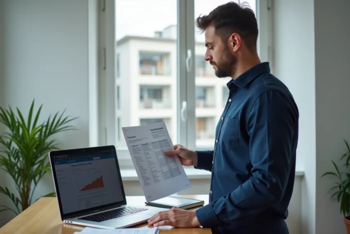 Homme consultant un document de gestion locative avec solde de loyer sur ordinateur portable