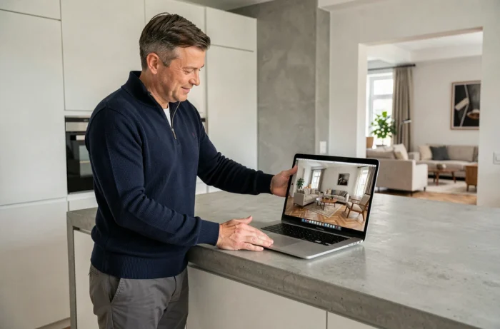Homme consultant HomeByMe sur un ordinateur portable dans une cuisine moderne pour importer et personnaliser des meubles en 3D