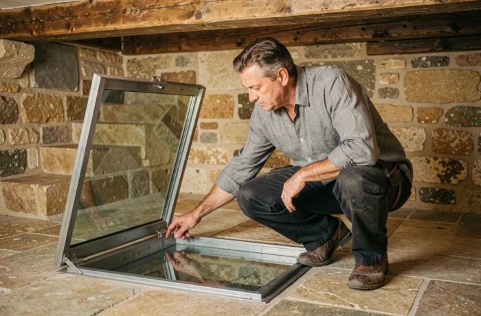 Homme inspectant une trappe de cave en verre ouverte dans une maison en pierre, vue des charnières et du cadre en acier