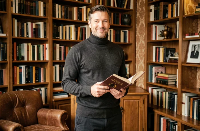 Homme intellectuel dans une bibliothèque élégante, portrait éditorial évoquant un essayiste ou chroniqueur médiatique