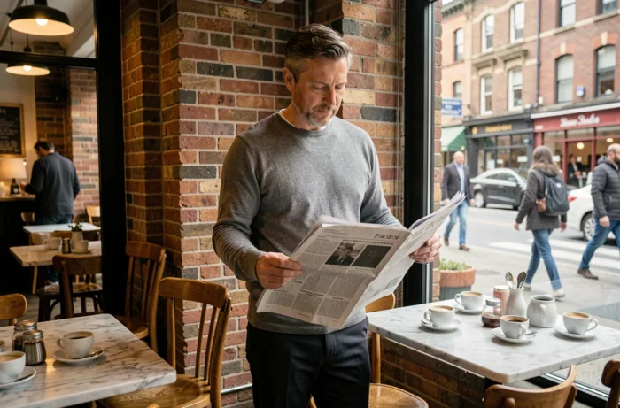 Homme lisant un journal dans un café urbain animé pour suivre les tendances actuelles