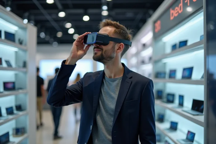 Homme essayant des lunettes de réalité augmentée dans un magasin high-tech