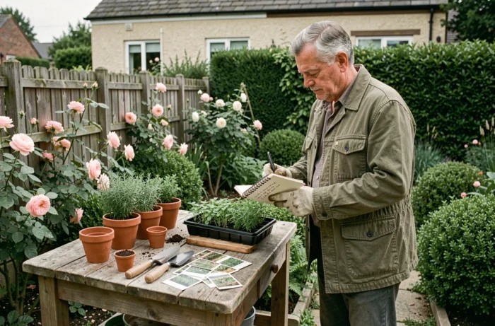 Homme mature organisant des sachets de graines et outils de jardinage sur une table en bois dans un jardin fleuri