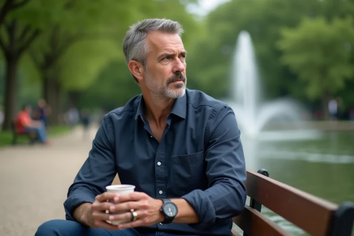 Homme pensif assis dans un parc urbain, illustrant le regard des proches sur la relation amoureuse de Jenifer Bartoli et Ambroise