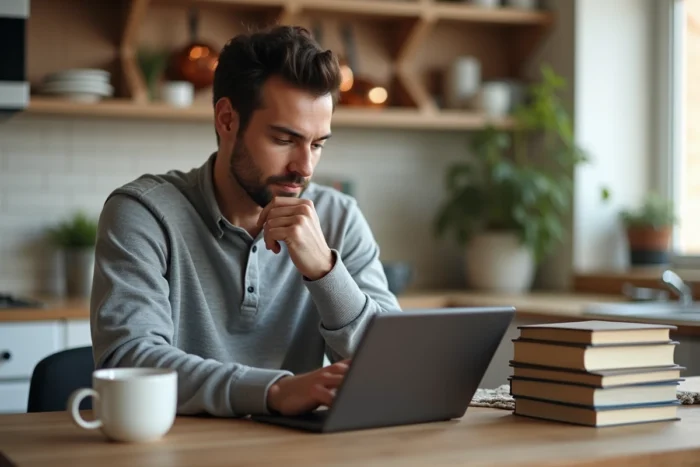 Homme recherchant des annonces professionnelles fiables sur une tablette depuis son domicile