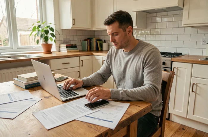 Homme consultant des documents financiers et des ressources en ligne depuis son domicile pour obtenir des conseils budgétaires