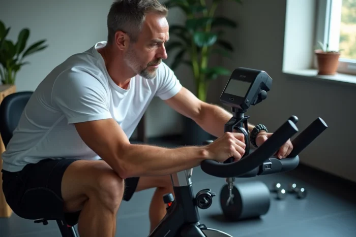 Homme réglant un vélo de spinning à domicile dans une salle de sport personnelle