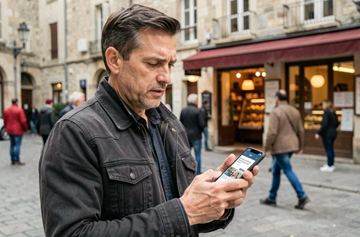 Homme consultant les dernières actualités sur smartphone dans une place de ville française, information en ligne Web Ouest
