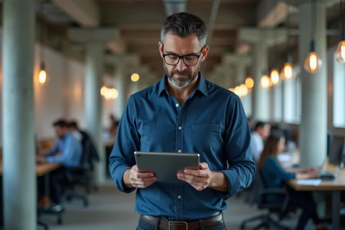 Homme consultant les rubriques d'un site numérique sur une tablette dans un espace de coworking moderne