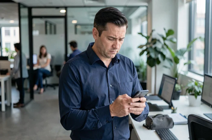 Homme consultant son smartphone pour vérifier l'état des services de messagerie au bureau